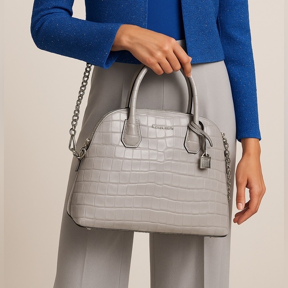 Michael Kors Gray Croc-Embossed Satchel with Chain Strap